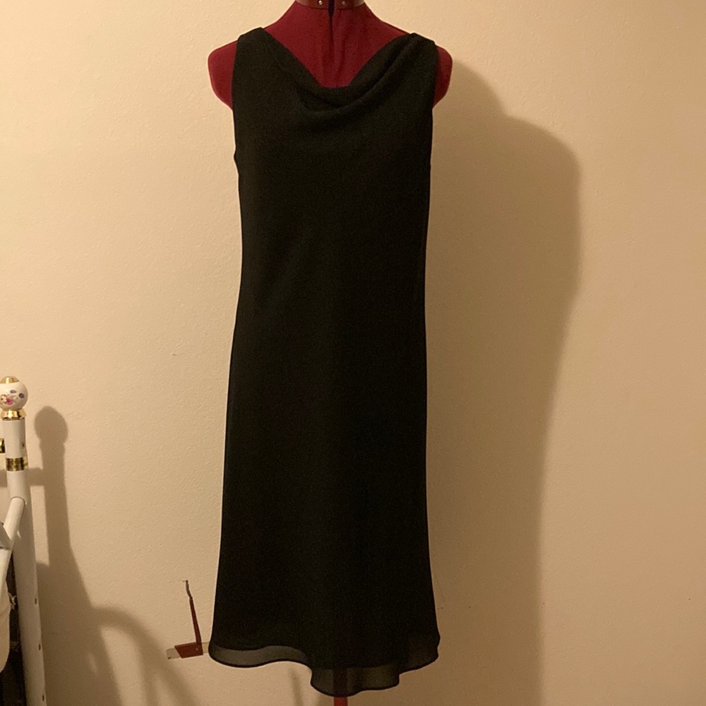 Darren Z size 10P long black cowl neck sleeveless dress with lining. Made in USA